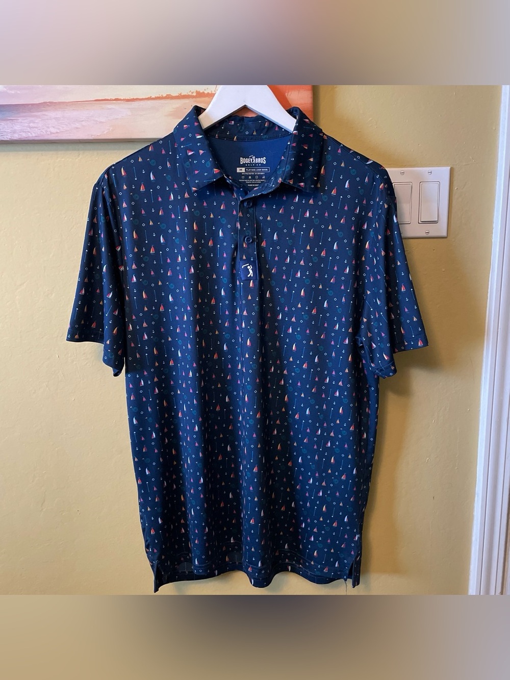 Bogey Bros Golf Co Men's Navy Graphic Print Stretch Polo Shirt Medium